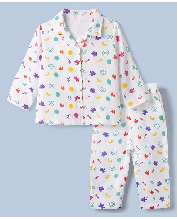 Babyhug Cotton Muslin Woven Front Open Co-ord Shirt & Pajama Night Suit with Flower & Polka Dots Shapes Print - White