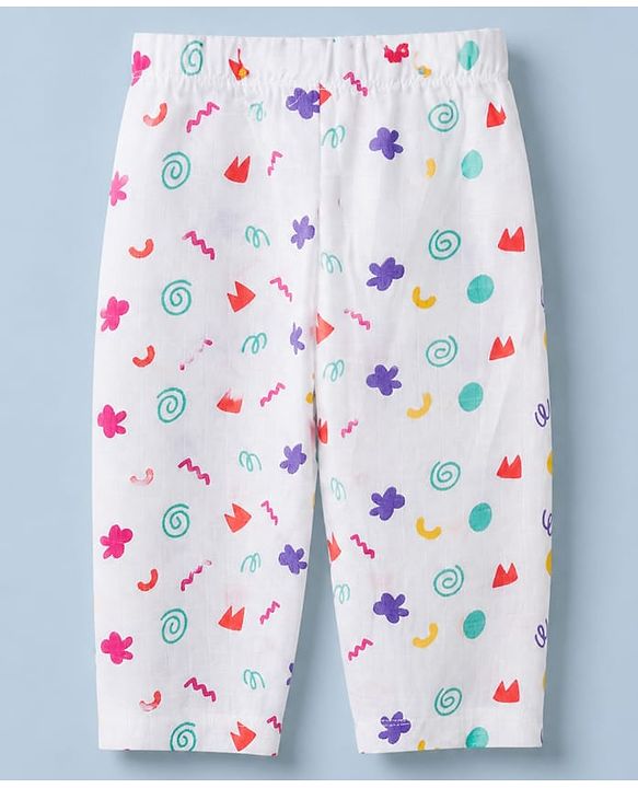 Babyhug Cotton Muslin Woven Front Open Co-ord Shirt & Pajama Night Suit with Flower & Polka Dots Shapes Print - White