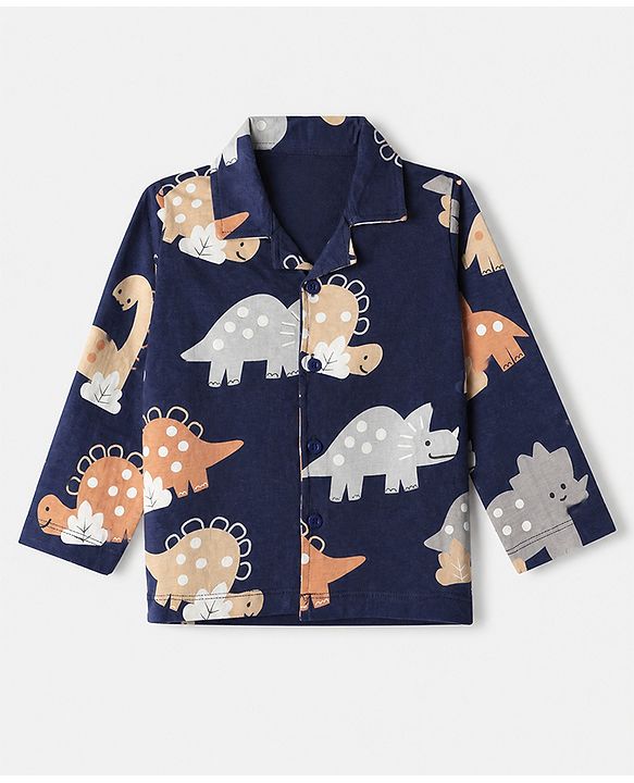 Babyhug Cotton Knit Full Sleeves Front Open Co-ord Shirt & Pajama Night Suit with Dinosaur Print - Navy Blue