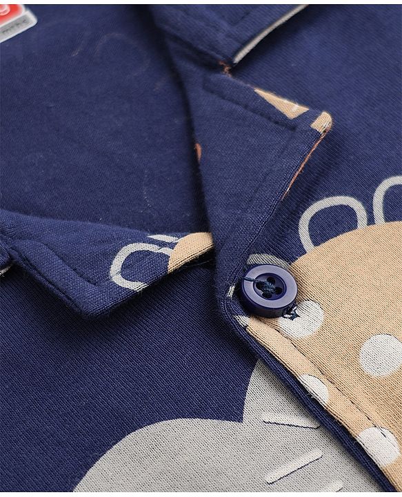 Babyhug Cotton Knit Full Sleeves Front Open Co-ord Shirt & Pajama Night Suit with Dinosaur Print - Navy Blue