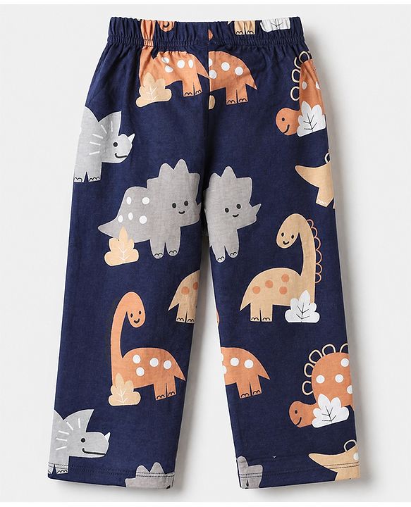 Babyhug Cotton Knit Full Sleeves Front Open Co-ord Shirt & Pajama Night Suit with Dinosaur Print - Navy Blue