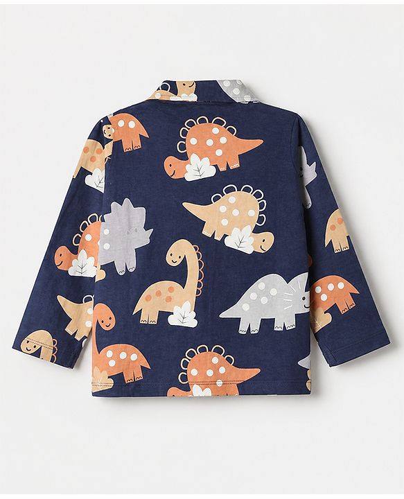 Babyhug Cotton Knit Full Sleeves Front Open Co-ord Shirt & Pajama Night Suit with Dinosaur Print - Navy Blue