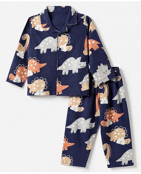 Babyhug Cotton Knit Full Sleeves Front Open Co-ord Shirt & Pajama Night Suit with Dinosaur Print - Navy Blue