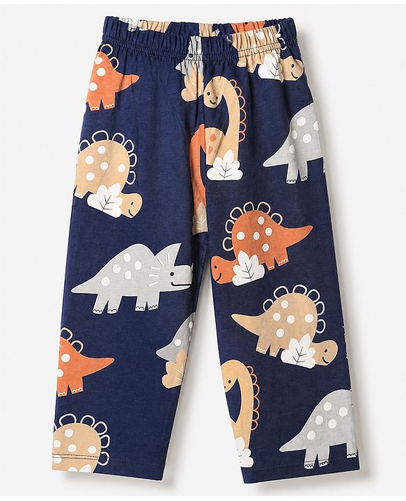 Babyhug Cotton Knit Full Sleeves Front Open Co-ord Shirt & Pajama Night Suit with Dinosaur Print - Navy Blue