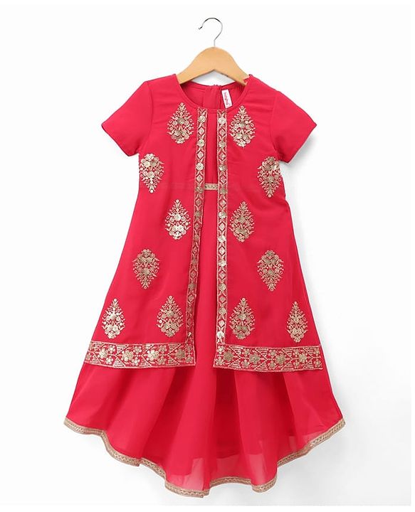 Babyhug Georgette Woven Half Seeves Sequin Floral Embroidered Ethic Dress - Fuchsia