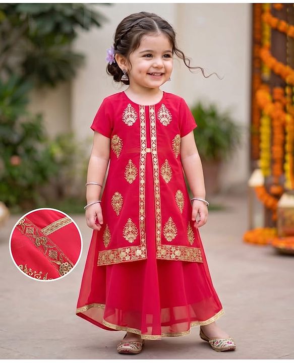 Babyhug Georgette Woven Half Seeves Sequin Floral Embroidered Ethic Dress - Fuchsia