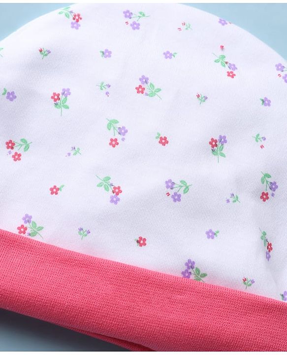 Babyhug 100% Cotton Interlock Knit Cap, Mitten & Booties with Floral Print White - Diameter 10 cm