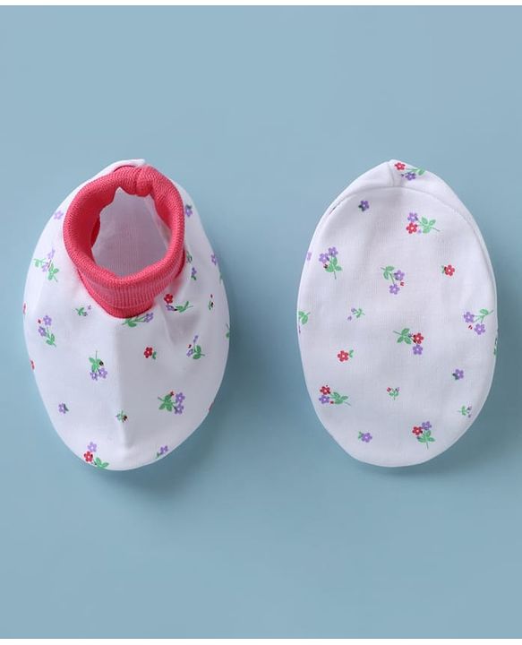 Babyhug 100% Cotton Interlock Knit Cap, Mitten & Booties with Floral Print White - Diameter 10 cm