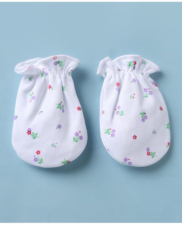 Babyhug 100% Cotton Interlock Knit Cap, Mitten & Booties with Floral Print White - Diameter 10 cm