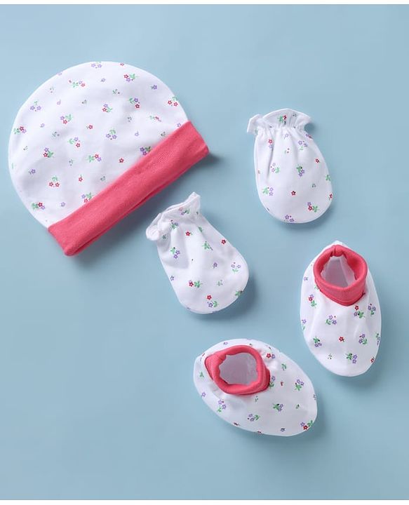 Babyhug 100% Cotton Interlock Knit Cap, Mitten & Booties with Floral Print White - Diameter 10 cm