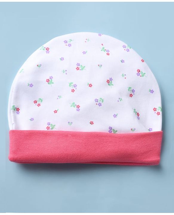 Babyhug 100% Cotton Interlock Knit Cap, Mitten & Booties with Floral Print White - Diameter 10 cm
