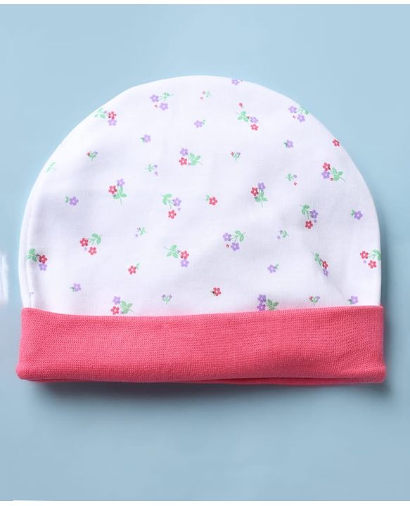 Babyhug 100% Cotton Interlock Knit Cap, Mitten & Booties with Floral Print White - Diameter 10 cm