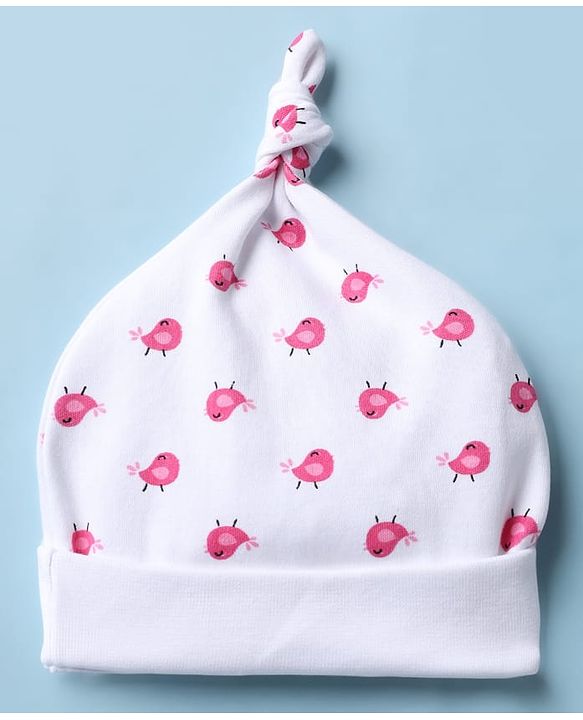 Babyhug 100% Cotton Interlock Knit Cap Mittens & Booties With Bird Print White - Diameter 15.5 cm