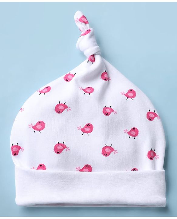 Babyhug 100% Cotton Interlock Knit Cap Mittens & Booties With Bird Print White - Diameter 15.5 cm