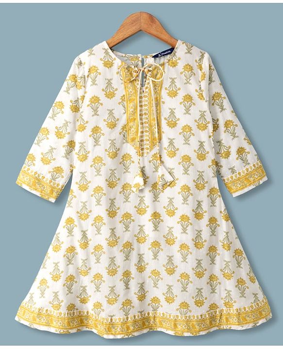 Pine Kids 100% Cotton Woven Full Sleeves Floral Printed Kurta & Pant Set With Dupatta - Off White
