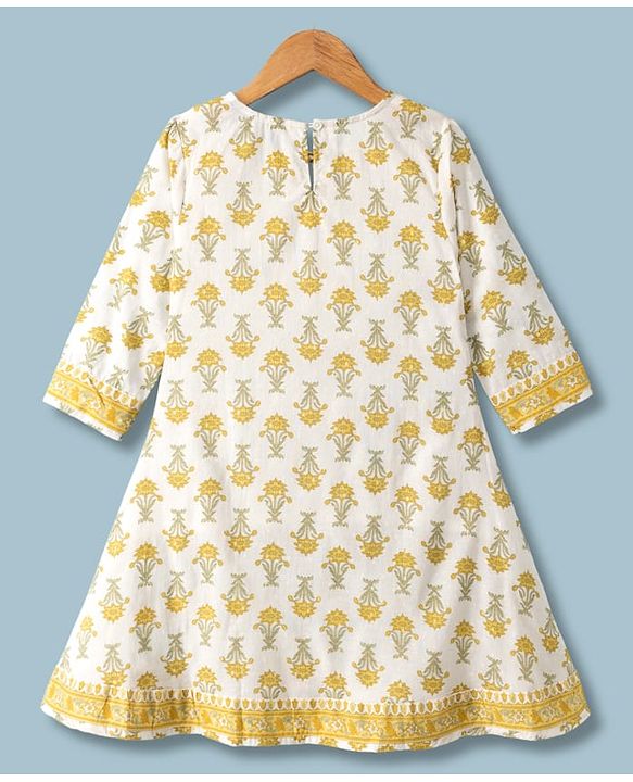 Pine Kids 100% Cotton Woven Full Sleeves Floral Printed Kurta & Pant Set With Dupatta - Off White