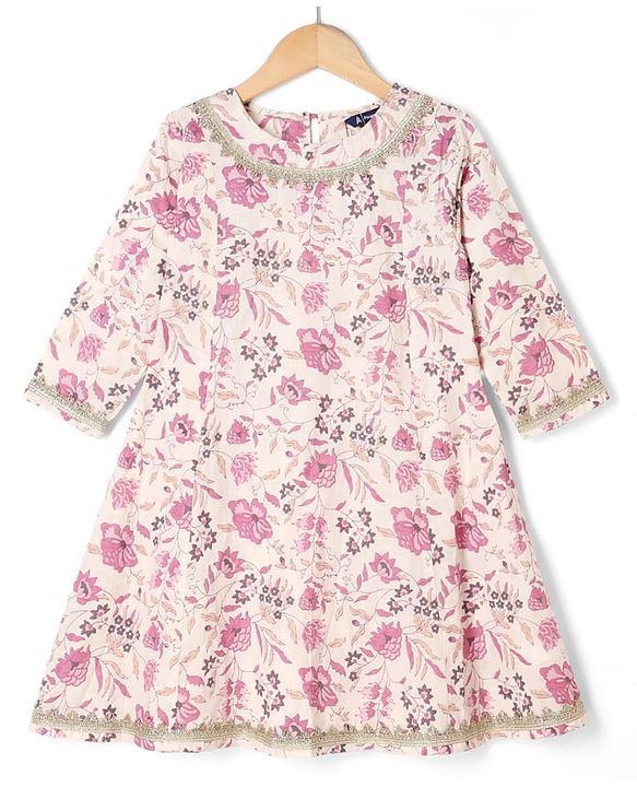 Pine Kids Cotton Woven Three Fourth Sleeves Kurti Sharara and Dupatta Set with Floral Print in White