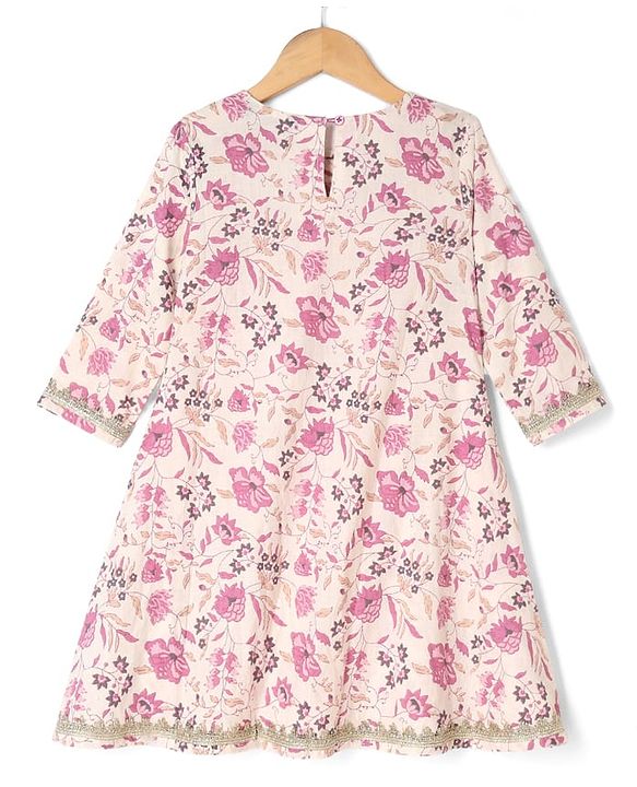Pine Kids Cotton Woven Three Fourth Sleeves Kurti Sharara and Dupatta Set with Floral Print in White