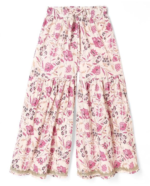 Pine Kids Cotton Woven Three Fourth Sleeves Kurti Sharara and Dupatta Set with Floral Print in White