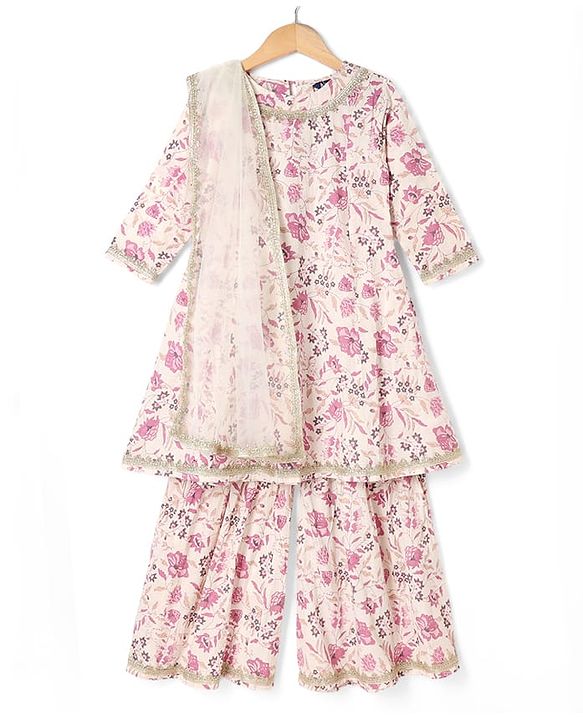 Pine Kids Cotton Woven Three Fourth Sleeves Kurti Sharara and Dupatta Set with Floral Print in White