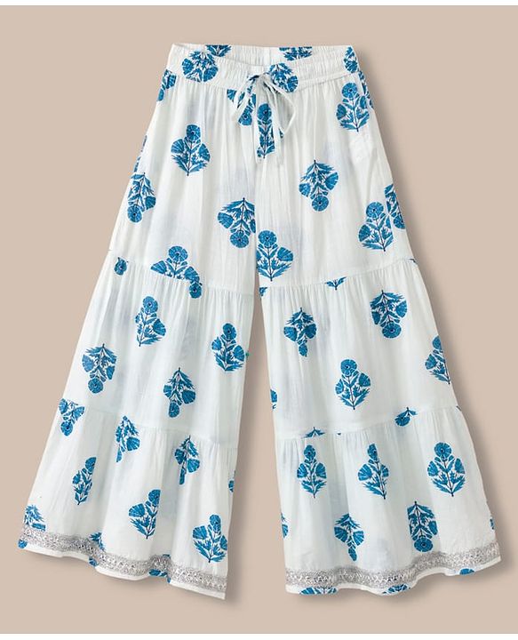 Pine Kids 100% Cotton Woven Three Fourth Sleeves Kurti and Sharara Set with Dupatta and Flower Print in White