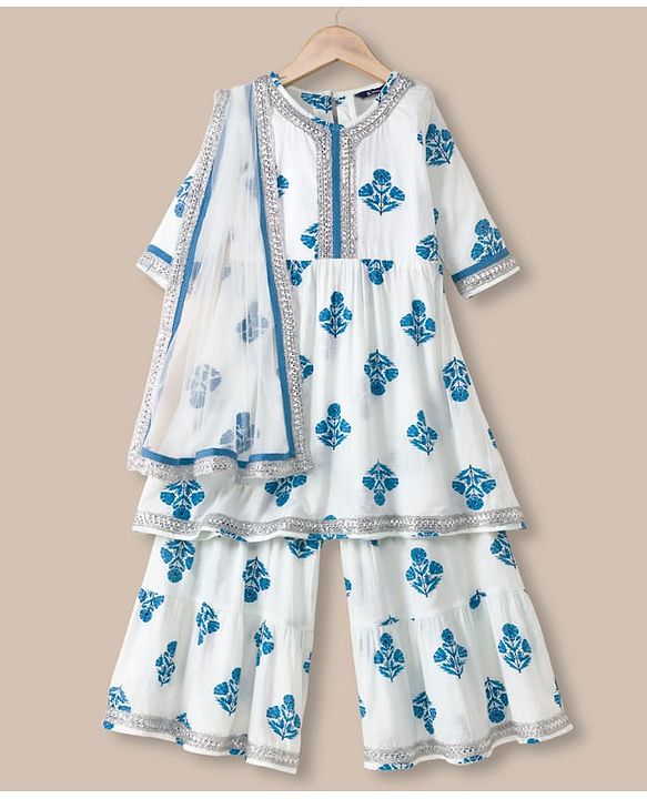 Pine Kids 100% Cotton Woven Three Fourth Sleeves Kurti and Sharara Set with Dupatta and Flower Print in White