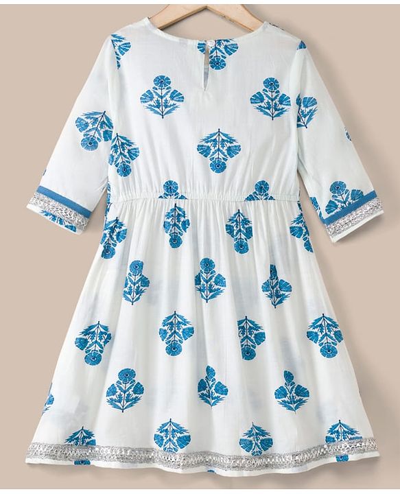 Pine Kids 100% Cotton Woven Three Fourth Sleeves Kurti and Sharara Set with Dupatta and Flower Print in White