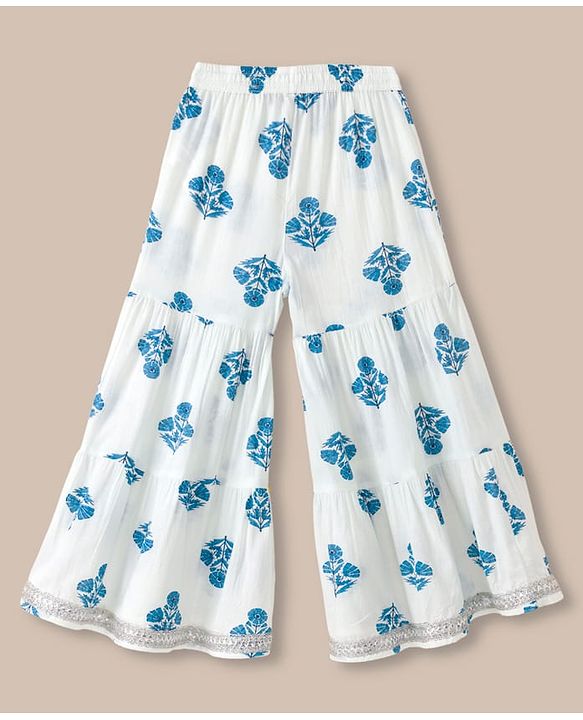 Pine Kids 100% Cotton Woven Three Fourth Sleeves Kurti and Sharara Set with Dupatta and Flower Print in White
