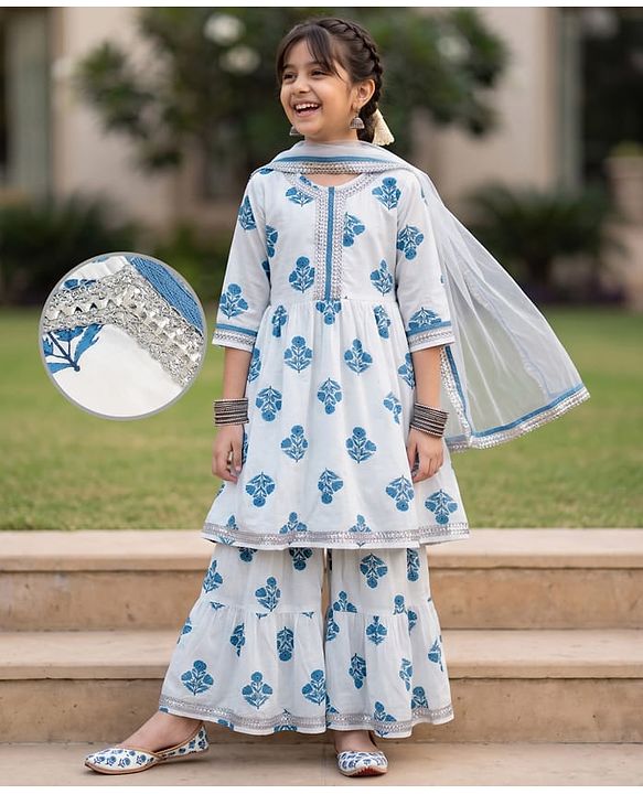 Pine Kids 100% Cotton Woven Three Fourth Sleeves Kurti and Sharara Set with Dupatta and Flower Print in White