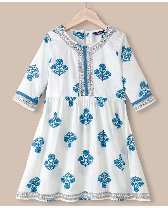 Pine Kids 100% Cotton Woven Three Fourth Sleeves Kurti and Sharara Set with Dupatta and Flower Print in White