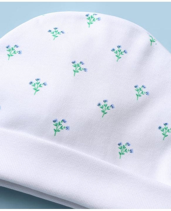 Babyhug 100% Cotton Interlock Knit Cap Mittens & Booties With Floral Print White - Diameter 14.5 cm