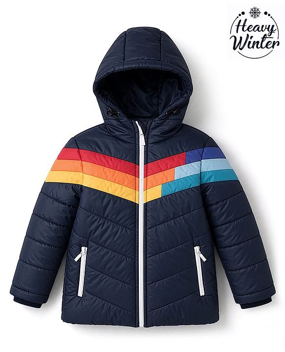 Babyhug Woven Padded/Quilted/ Winter Jacket with Full Sleeves and Rainbow Print - Navy Blue