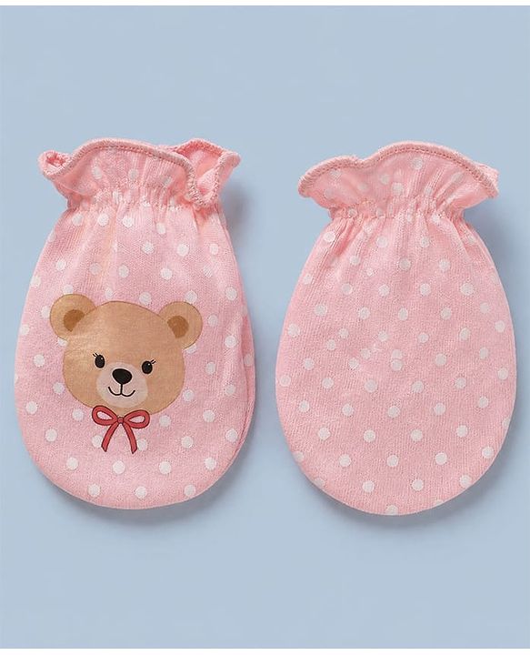 Babyhug 100% Cotton Interlock Knit Cap, Mitten & Booties Polka Dots & Animal Print in Pink - Diameter 14 cm