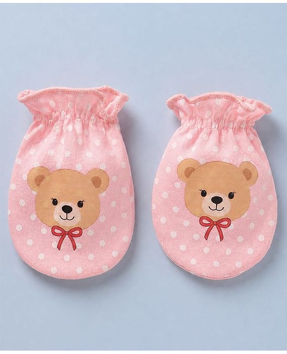 Babyhug 100% Cotton Interlock Knit Cap, Mitten & Booties Polka Dots & Animal Print in Pink - Diameter 14 cm