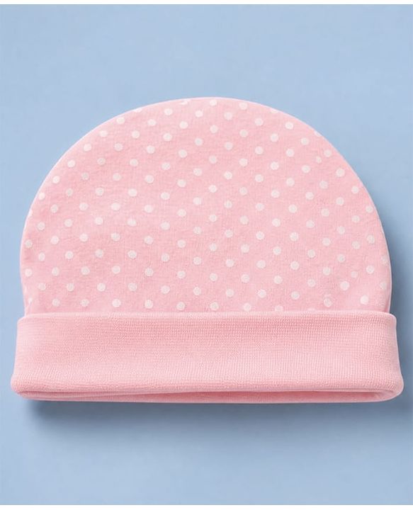 Babyhug 100% Cotton Interlock Knit Cap, Mitten & Booties Polka Dots & Animal Print in Pink - Diameter 14 cm