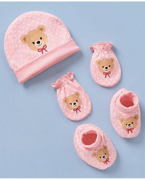 Babyhug 100% Cotton Interlock Knit Cap, Mitten & Booties Polka Dots & Animal Print in Pink - Diameter 14 cm
