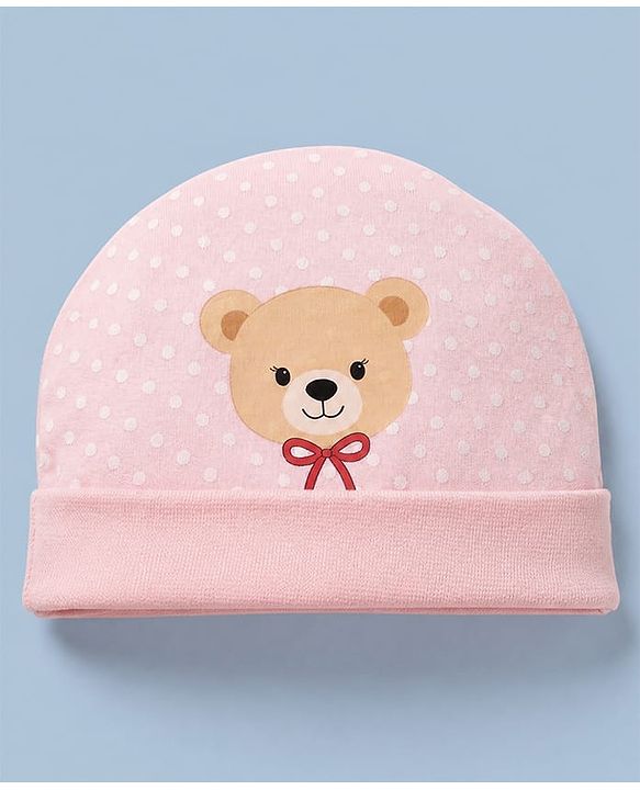 Babyhug 100% Cotton Interlock Knit Cap, Mitten & Booties Polka Dots & Animal Print in Pink - Diameter 14 cm