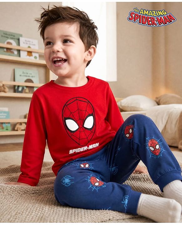 Babyhug Marvel 100% Cotton Single Jersey Knit Full Sleeves T-Shirt & Pajama Night Suit with Spider Man Graphic Print - Red & Blue
