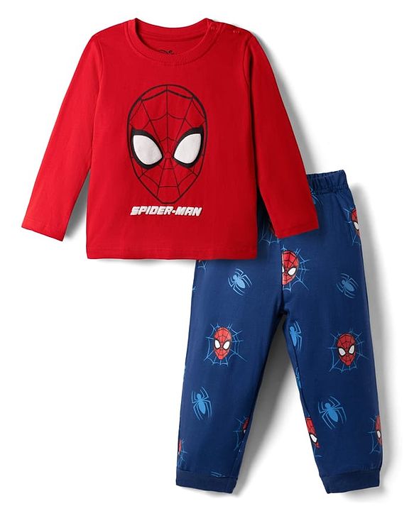 Babyhug Marvel 100% Cotton Single Jersey Knit Full Sleeves T-Shirt & Pajama Night Suit with Spider Man Graphic Print - Red & Blue