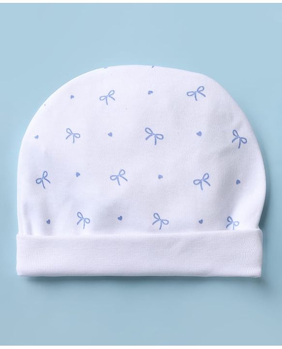 Babyhug 100% Cotton Interlock Knit Cap Mittens & Booties With Bow & Heart Print White - Diameter 16.5 cm