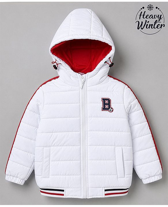 Babyhug Woven Full Sleeves Hooded Padded Quilted Winter Jacket with Varsity Print - White