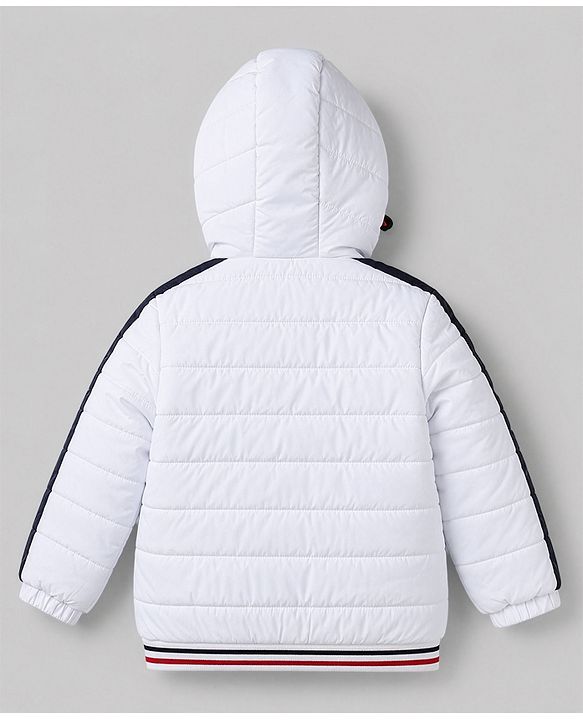 Babyhug Woven Full Sleeves Hooded Padded Quilted Winter Jacket with Varsity Print - White