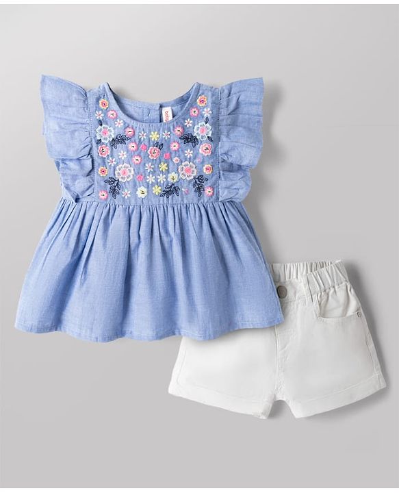 Babyhug Chambray 100% Cotton Knit Half Sleeves Floral Embroidered Top and Shorts Set - Blue
