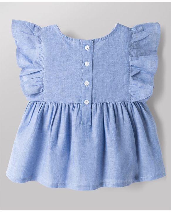 Babyhug Chambray 100% Cotton Knit Half Sleeves Floral Embroidered Top and Shorts Set - Blue