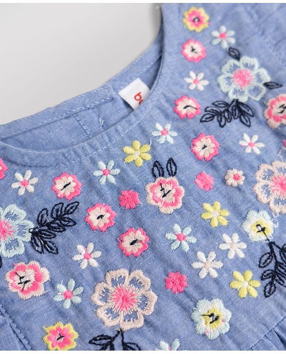 Babyhug Chambray 100% Cotton Knit Half Sleeves Floral Embroidered Top and Shorts Set - Blue