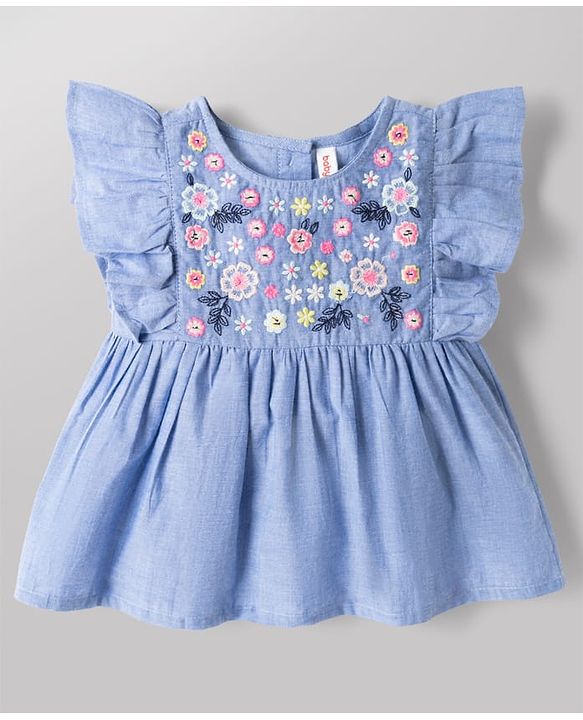 Babyhug Chambray 100% Cotton Knit Half Sleeves Floral Embroidered Top and Shorts Set - Blue