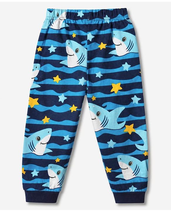 Babyhug Cotton Knit Full Sleeves Co-ord T-Shirt & Pajama Night Suit with Waves & Shark Print - Blue