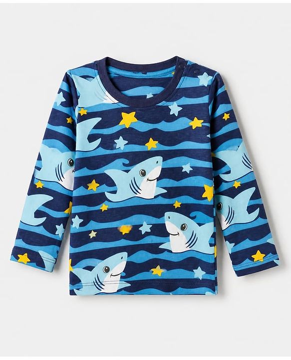 Babyhug Cotton Knit Full Sleeves Co-ord T-Shirt & Pajama Night Suit with Waves & Shark Print - Blue