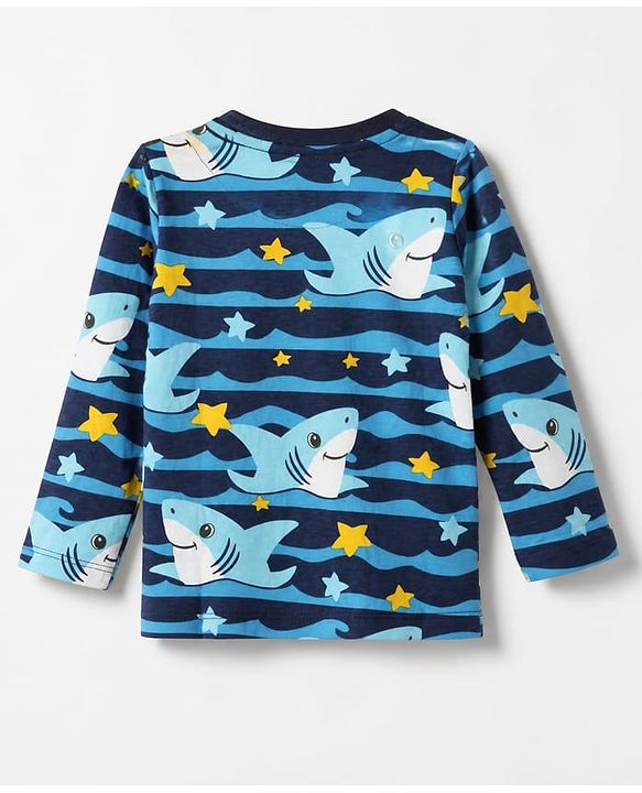 Babyhug Cotton Knit Full Sleeves Co-ord T-Shirt & Pajama Night Suit with Waves & Shark Print - Blue