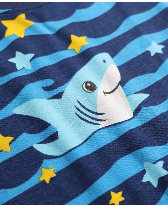 Babyhug Cotton Knit Full Sleeves Co-ord T-Shirt & Pajama Night Suit with Waves & Shark Print - Blue